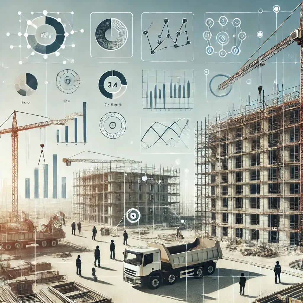 DALL·E 2024-07-11 13.22.32 - A simple and clear image illustrating construction data analytics. The image features a construction site with cranes and workers, alongside charts an DALL·E 2024-07-11 13.22.32 - A simple and clear image illustrating construction data analytics. The image features a construction site with cranes and workers, alongside charts an
